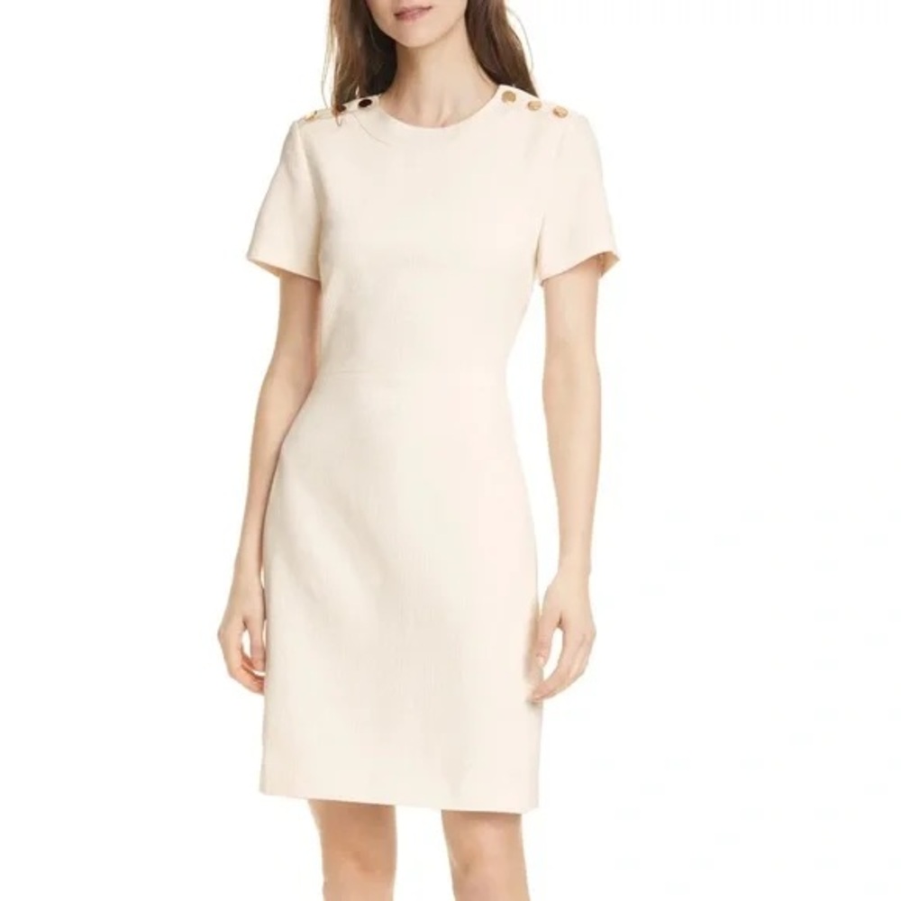 Club Monaco Ivory Mini Sheath Dress with Gold Metallic Accents Like New Sz 4